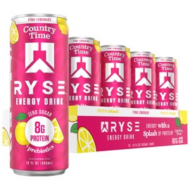 RYSE Functional Energy Drink - Country Time Pink Lemonade - 150mg Natural Caffeine, 8g Whey Protein & 1g Prebiotics - Sugar Free, Gut-Friendly, Bloat-Free - 12 fl oz Cans (12-Pack)