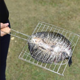 Fish Grilling Basket,Meat Burger Long Handle Mesh Basket Folding Stand,Folding Portable Stainless Steel BBQ Grill Basket, BBQ Barbecue Fish Grill Rack for Fish Vegetables Shrimp