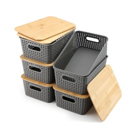Storage Bins With Bamboo Lids Plastic Lidded Storage Container Storage Baskets for Organizing Shelves Drawers Desktop Closet Playroom Classroom Office, 6 Pack, Gray