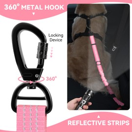 Pawaboo Dog Seatbelt for Car, 3-in-1 Dog Seat Belt Bungee, Shockproof Dogs Tether for Car with Buckle & Hook Latch, Adjustable Reflective Dogs Cars Harness Leash with 360° Lockable Buckle, Pink