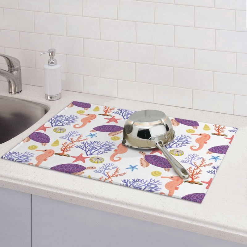 Purple Beach Sea Turtle Dish Drying Mat 18x24 For Kitchen