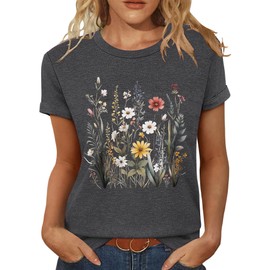 Inber T Shirts for Women Crewneck Boho Flowers Wildflowers Graphic Tees 2025 Summer Cute Shirts Short Sleeve Tops