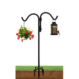 AnBaiMei 76 Inch Double Shepherds Hook for Outdoor with 5 Prong Base, Adjustable Heavy Duty Bird Feeder Pole for Hanging Flower Basket, Plant Hanger, Solar Light Lanterns, Black