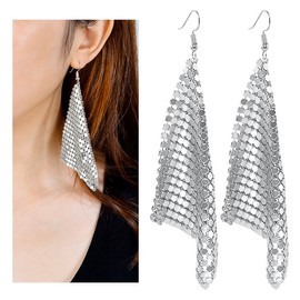 Suyi Trendy Women Earrings Metal Mesh Grid Sequins Tassel Long Drop Dangle Earrings Silver