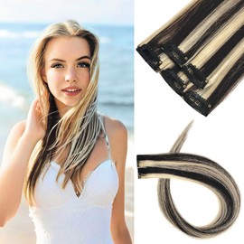 Clip In Hair Extensions Human Hair Black Mixed Bleach Blonde Highlights Remy Hair Extensions 18 Inch for Women Girls 5PCS #1p613