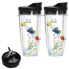 5-piece Blender Cups & Blade Replacement Set for Ninja with 2 Flip-Top To-Go Lid, Premium 7 Fins Extractor Blade, 24oz Blender Replacement Parts BL2012 BL481 BL482 BL640 BL642 NN100 NN101 NN102