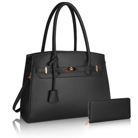 Designer Classic Top Handbags For women, Shoulder Purses For Ladies, Adjustable Strap Work Satchel with Wallet, BLACK