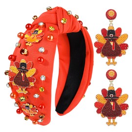 Diadema de otoño de Acción de Gracias para mujer, diadema de pavo con abalorio de diamantes de imitación, diadema anudada con nudo de la parte superior ancha, accesorios de Acción de Gracias, regalos de día festivo (Turquía 2)
