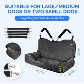 Kiusatig Large Dog Car Back Seat for 100lbs Dogs Pet Bed Car Seat Fully Detachable Washable Travel Safety with Storage Pocket Black