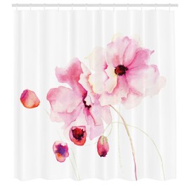 Ambesonne Flor de Acuarela Cortina de Baño, Amapolas Delicadas, Paño Conjunto de Decoración de Baño de Tela y Ganchos, 84" Extra Alta, Rosa Claro Blanco