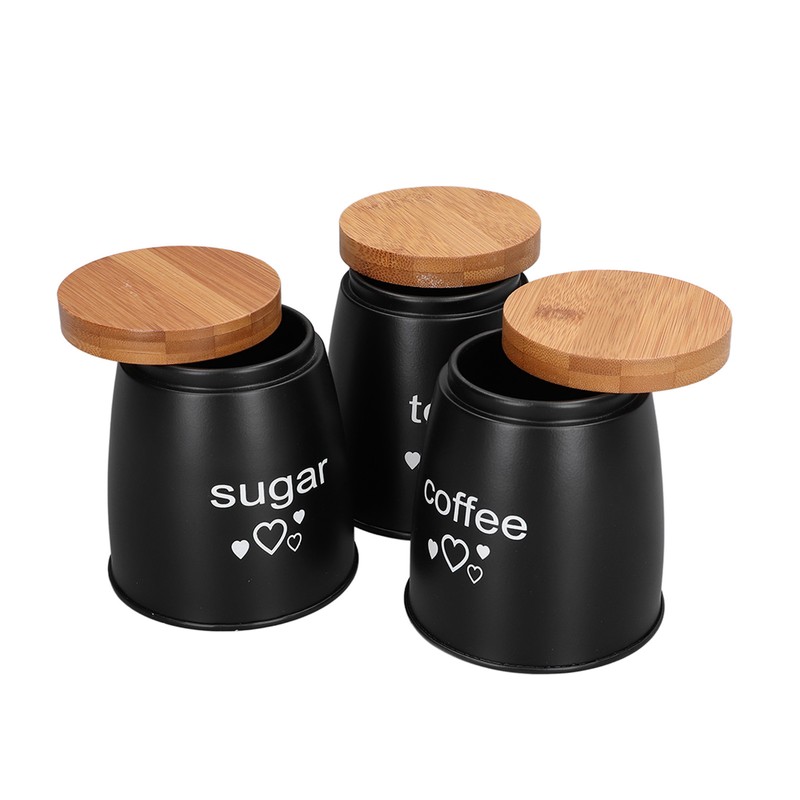 3Pcs Coffee Tea Sugar Container Set Bamboo Lid Durable Iron