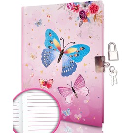 GINMLYDA Girls Diary with Lock for Kids, 7x5.25 Inches 160 Lined Pages Butterfly Secret Journal for Girls Pink Kids Notebook with Padlock & Keys for Birthday Girls Gifts 5 6 7 8 9 10 Years Old