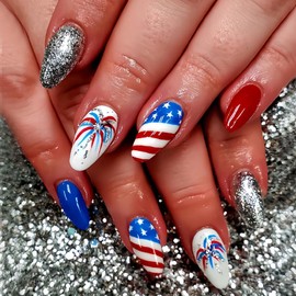 Mkwntg 24Pcs Independence Day Press on Nails Medium Almond Fake Nails with Colorful Glitter Firework Design American Flag False Nails 4th of July Glue on Nails Red Blue Silver Stick on Nails for Women