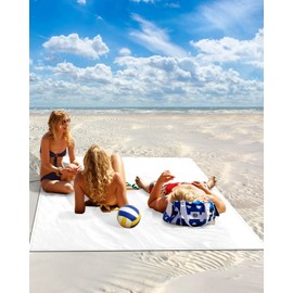 Gsypo Beach Blanket Waterproof Sandproof 108"x85", Solid Color White Oversized Beach Mat with 4 Corner Sand Pocket & 4 Stakes, Compact Outdoor Picnic Mat for Camping Travel Festivals
