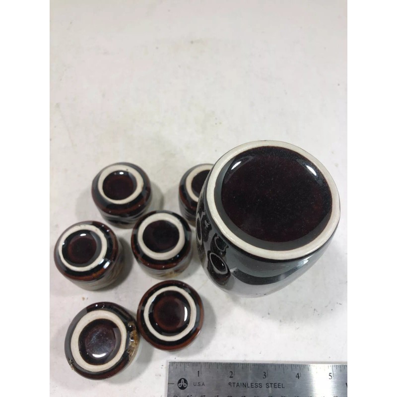 JAPANESE ceramic sake set, 1 bottle with 6 cups, brown