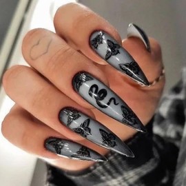 MouyouGlow Press on Nails Long, Stiletto Airbrushing Black 3D Butterfly Snake Gothic Fake Nails with Nail Glue, Black Gradient Butterfly Snake Artificial Fingernails