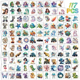 117 PCS 3D Temporary Tattoos for Kids, Unicorn Mermaid Truck Dinosaur Space Cartoon Animal Waterproof Luminous Fake Tattoos, Glow in Dark Small Stickers for Boys Girls Birthday Party Favor