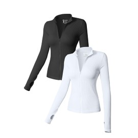 OQQ Womens 2 Piece Long Sleeve Tops Stand Neck Front Zipped Stretch Fitted Underscrubs Tee Shirts Tops Black White