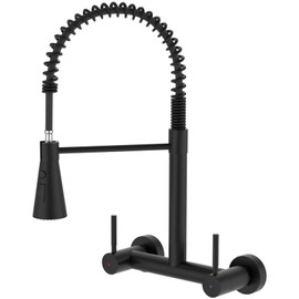 Matte Black Wall Mount Kitchen Sink Faucet 2 Handles, 8 Inch Center Wall Commercial Utility Sink Faucet with Pull Out Sprayer 3 Modes, Stainless Steel
