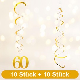 Pack of 20 Gold 60th Birthday Swirl Decoration, Golden Wedding Decoration, 60th Birthday Decoration, Gold, Spiral Garland, 60th Birthday Man, Decoration Golden Wedding 60th Party Decoration (60)
