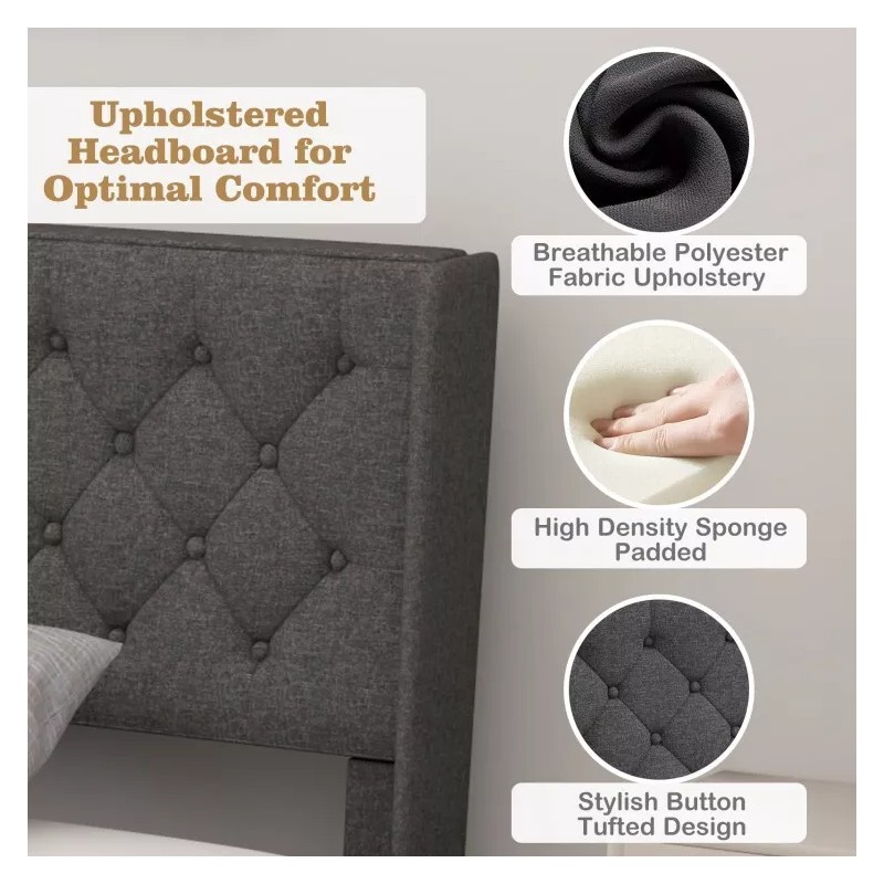 COSTWAY Twin Size Modern Upholstered Headboard Bed Frame With Button