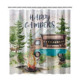 Lindameler Happy Camper Shower Curtain Set Watercolor RV Travel Car Shower Curtain Country Woodland Mountain Deer 72x72 INES Polyester Fabric Shower Curtain with 12 Hooks