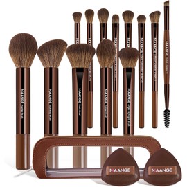 MAANGE Set de Brochas de Maquillaje de Alta Calidad 13Pcs Brochas para Maquillaje de Aluminio con Estuche Impermeable y Esponja de Polvos Multifuncional Brochas para Base,Sombra de Ojos y Polvos Ideal para Viajes(Marrón Oscuro)