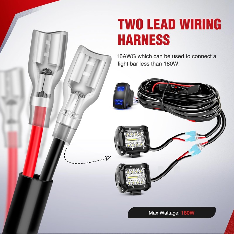 Nilight 16AWG LED POD Lights Wiring Harness Kit LED Light