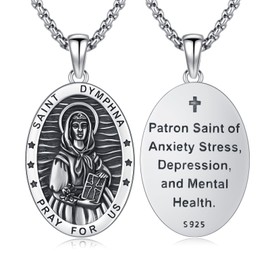 XIXLES Saint Dymphna Necklace 925 Sterling Silver Catholic Patron Saint of Mental Health Medal Pendant,St Dymphna Necklace Jewelry for Men with 22 in Chain