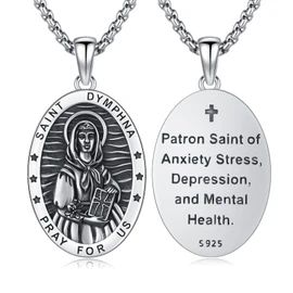XIXLES Saint Dymphna Necklace 925 Sterling Silver Catholic Patron Saint of Mental Health Medal Pendant,St Dymphna Necklace Jewelry for Men with 22 in Chain