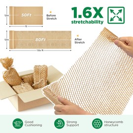 Honeycomb Packing Paper, 12"x50' Brown | Perforated Honeycomb Packing Paper Recyclable Moving Supplies for Shipping & Moving | Plastic-Free Alternative to Bubble Cushion Wrap with 36 Fragile Stickers