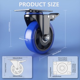 4 Inch Caster Wheels with Brake, Heavy Duty Casters Set of 4, Swivel Top Plate Casters with Double Ball Bearings, Industrial Locking Castor Wheels For Furniture, Workbench, Cabinet(Free Hardware Kits)