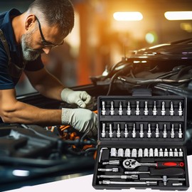 Socket Set 46 Piece 1/4 Inch Tool Sets Ratchet Set for DIY Enthusiasts Car Tools & Equipment Small Socket Set Extension Bars for Household Car Bike Motorbikes Repair - Compact Household Tool Kit