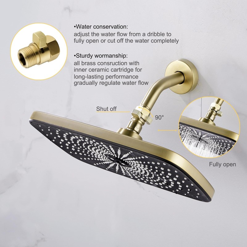 Brushed Gold Water Flow Control Valve, 1/2" Shower Head with