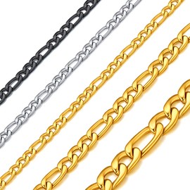 Richseel Men's Figaro Chain Necklace 40/45/50/55/60/65/70/75/80 cm Gold/Black/Stainless Steel Pendant Chain Flat Link Chain 3mm/5mm/8mm Jewelry for Men and Women Stainless Steel