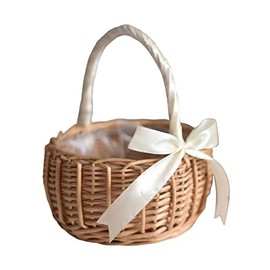 Canasta de sauce tejido, cesta de niña de flores con mango Waven Willow Banker Bucker Rattan Canasta de flores Canasta de almacenamiento de dulces para decoración de bodas, blanco, canasta de niñas