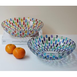 TUCHACA Colorful Woven Glass Fruit Bowls Set of 2 (2 colors). Decoration Old Fashioned Glass Plates. 10 inch Large Bowl Hand Painted Multicolor Salad Bowls. Suitable for Dessert, Candy, Snack & More.