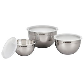 Le Creuset Set of 3 Nested Mixing Bowls w/Nonslip Silicone Base & Plastic Air Tight Lids, Large, Stainless Steel