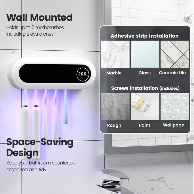 MIMORE Toothbrush Holder, 5 Toothbrush Slots & Timer Function, Cordless