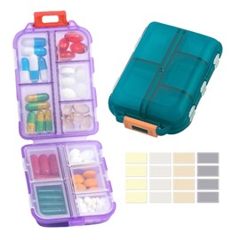 2 portable pill box organizer, each box has 10 compartments, can be used for tablets/capsules/vitamins/fish oil/accessories,green and purple
