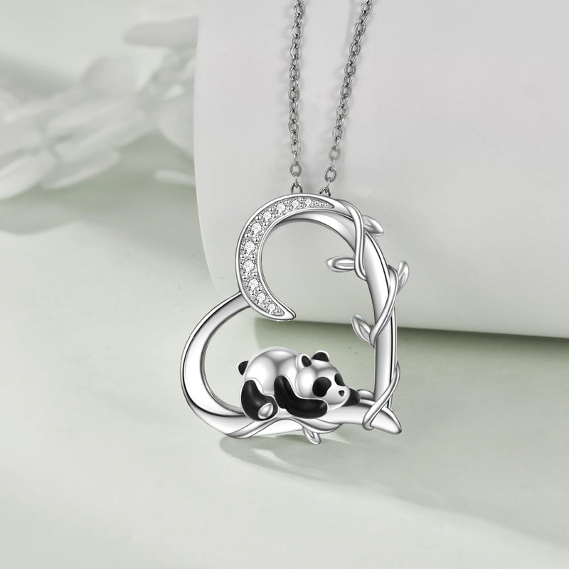 YAFEINI Heart Panda Sterling Silver Jewelry Animal Pendant Necklace Ladies