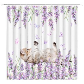 FILMILIL Funny Cat with Flower Shower Curtain Purple Lavender Butterfly Kitty Pet Lover Valentine's Day Rustic Floral Wooden Board Romantic Bathroom Curtain Set Polyester Fabric Hooks 70 X 70 Inch