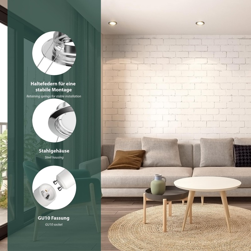 ledscom.de Recessed Ceiling Frame Fere, Round, Chrome Glossy (GU10/MR16/GU5,3/50mm) incl.