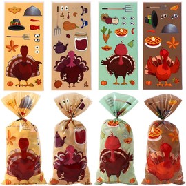 Obluchye Thanksgiving Treat Bags 100PCS,Fall Cellophane Treat Bags 4 Designs,Thanksgiving Creative Turkey Candy Bags Plastic Gift Bags With Twist Ties for Thanksgiving Fall Autumn Harvest Party Favor