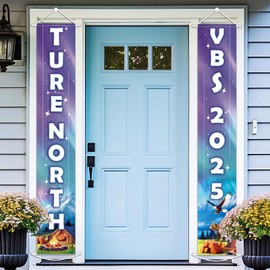 True North 2025 Porch Sign Banner Vacation Bible School Party Decorations Camp Forest Northern Polar Lights Hanging Door Banner for Sunday School Classroom Church Home Photo Studio Props Decor