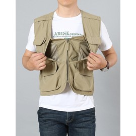 Arssm Men's Fishing Vest Outdoor Cargo Safari Hiking Travel Casual Lightweight Utility Vest With Pockets(Khaki-XXL)
