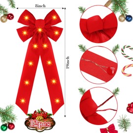 Crowye 12 Pcs Red LED Christmas Bows Lighted Xmas Bows Decoration Red Velvet Wreath Bows LED Light Bows Christmas Tree Topper for Indoor Outdoor Christmas Winter Decoration(8 x 19 Inches)