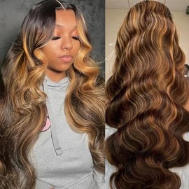 Linrkeyy Ombre Lace Front Wig Human Hair 13x6 Honey Blonde Wigs Human Hair Body Wave 180% Density Glueless Highlight 4/27 Colored Wigs Human Hair Pre Plucked with Bady Hair 20 Inch