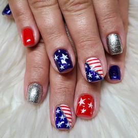 WBRRFJJ 24Pcs 4th of July Square Acrylic Press-on False Nails - Independence Day American Flag Design - Red, Silver Glitter - Full Cover - Glossy Finish