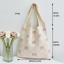 EDLMKM Beach Bag for Women, Crochet Tote Bags, Retro Summer Woven Bags, Large Capacity Casual Bag, for Travel, Holidays and Shopping (Pink Bow)